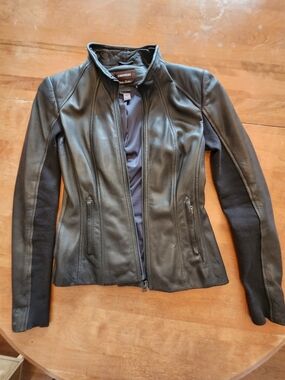 Danier Grey Leather Jacket with Knit Sleeve Panels